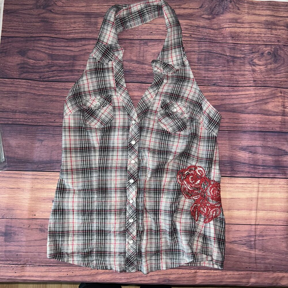 GUESS Plaid Halter Top with Red Rose Embroidered Detail - Size Medium